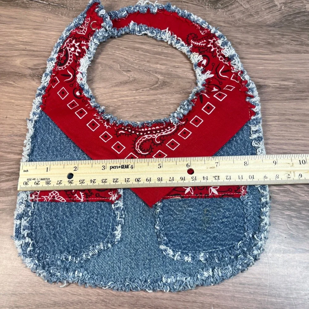 Handmade Upcycled Denim Baby Bib Blue Red Bandana Paisley Frayed Western Pockets